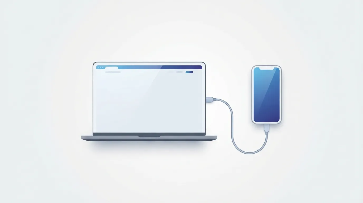 Ilustração de um notebook conectado por cabo USB a um iPhone, representando o AltServer fazendo a ponte entre computador e dispositivo