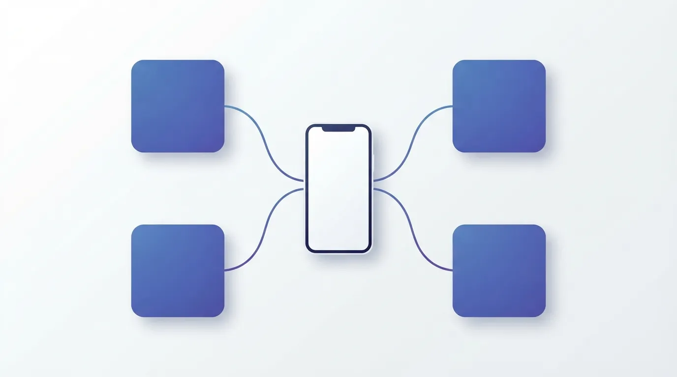 Ilustração de quatro catálogos de apps conectados por linhas a um iPhone ao centro, representando as fontes da AltStore