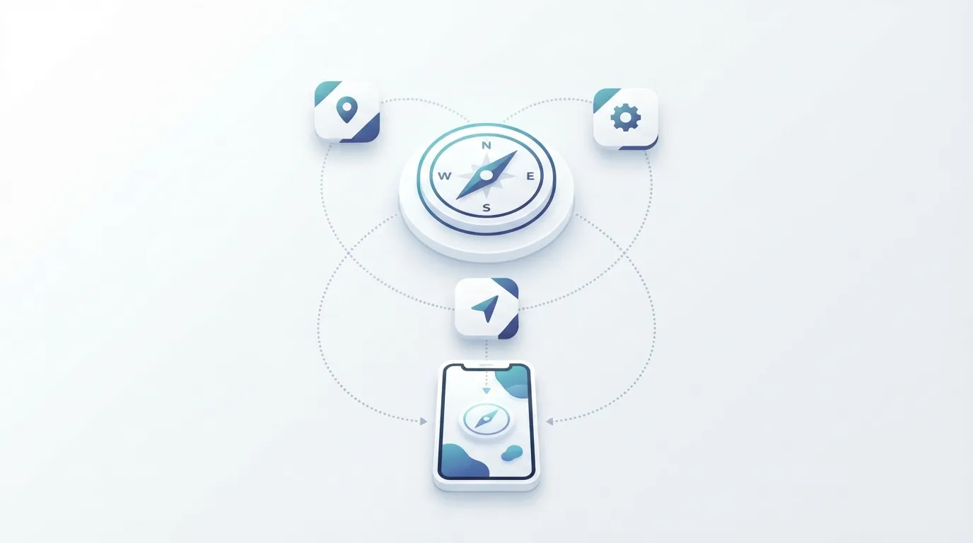 Ilustração de uma bússola cercada por ícones de aplicativos conectados a um iPhone, representando a busca por lojas alternativas de apps